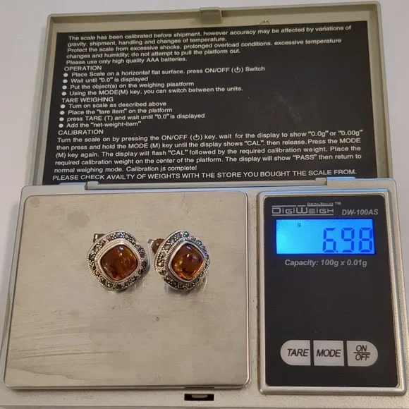 Vintage Sterling Silver Amber & Marcasite Earrings — ATI Mexico 925 - Picture 4 of 4